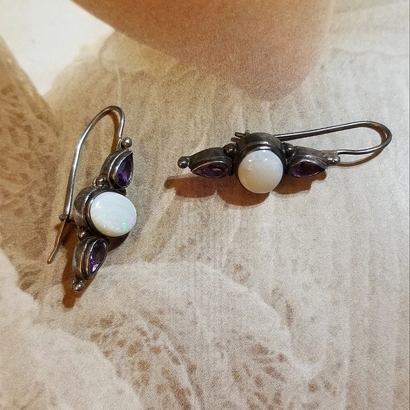 VTG designer signed Monsoon Opal Amethyst Sterling Silver Earrings - Picture 3 of 6